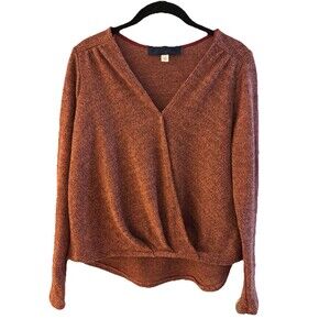Women's Surplice Wrap Sweater Small Rust Terracotta Brown V-Neck Knit Hi-Low Top